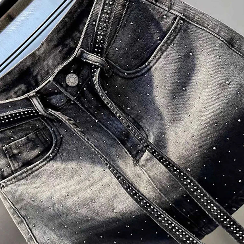 Oversize Diamond Denim Mini Skirt Women Gradient Black Grey
