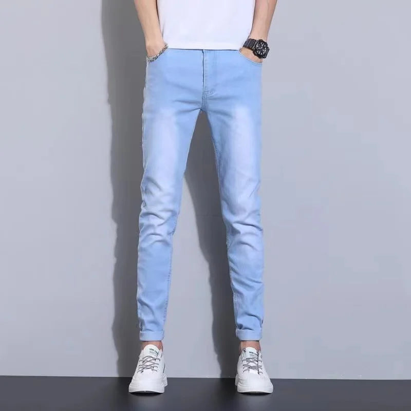 Mens Slim Fit Denim Pencil Pants Black White Stretch Jeans