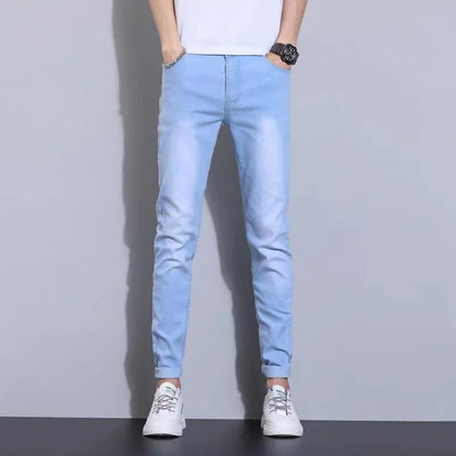 Mens Slim Fit Denim Pencil Pants Black White Stretch Jeans
