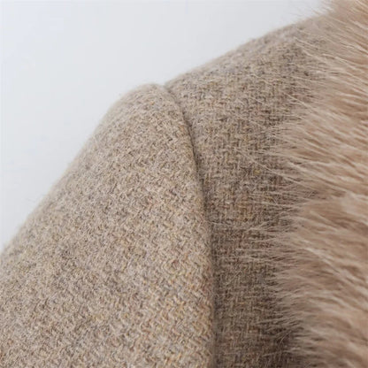 Women's Long Polyester Coat with Fur Collar and Pockets