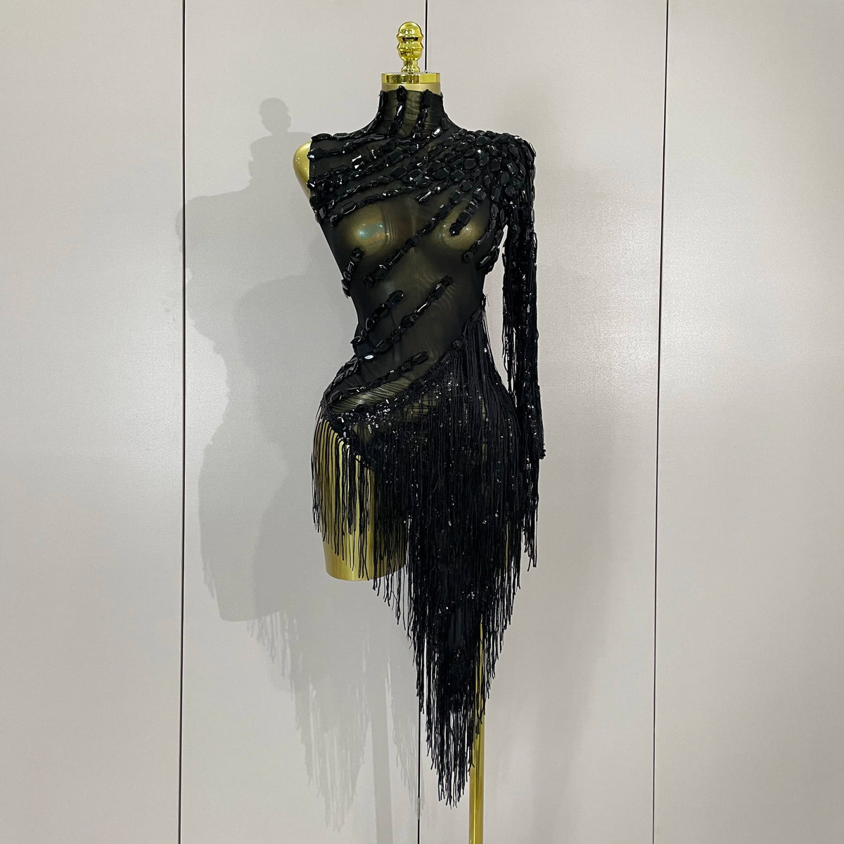 Sparkly Rhinestones One Shoulder See-Through Dress