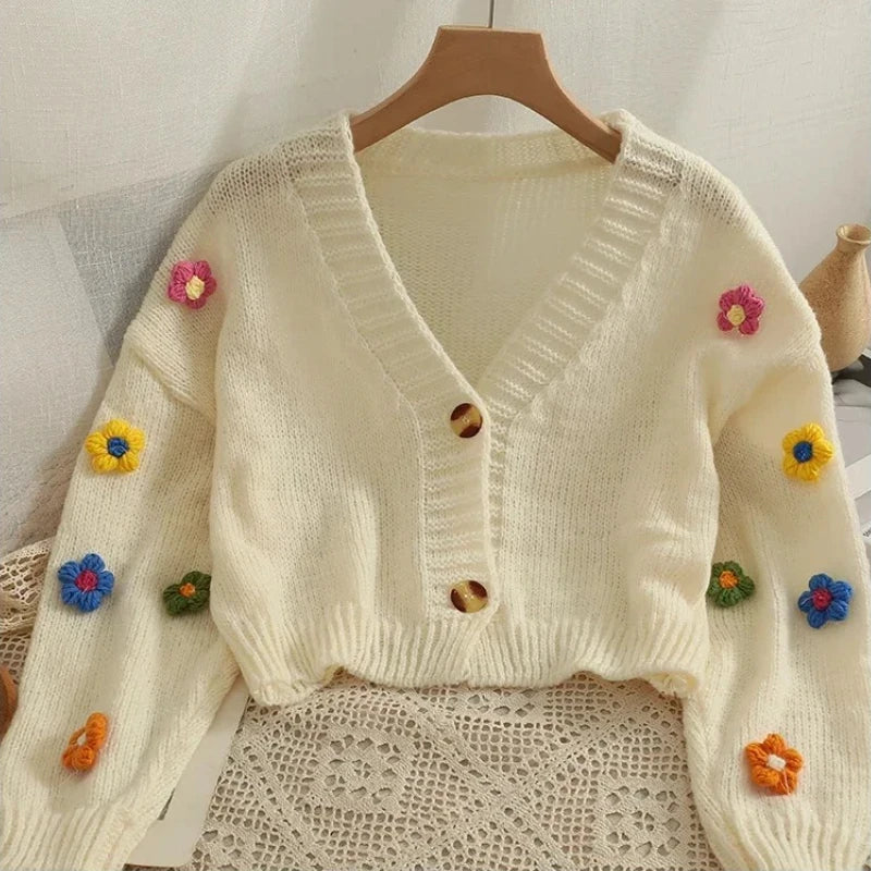 Applique Flower V-Neck Knit Cardigan for Women