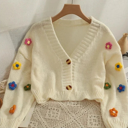 Applique Flower V-Neck Knit Cardigan for Women