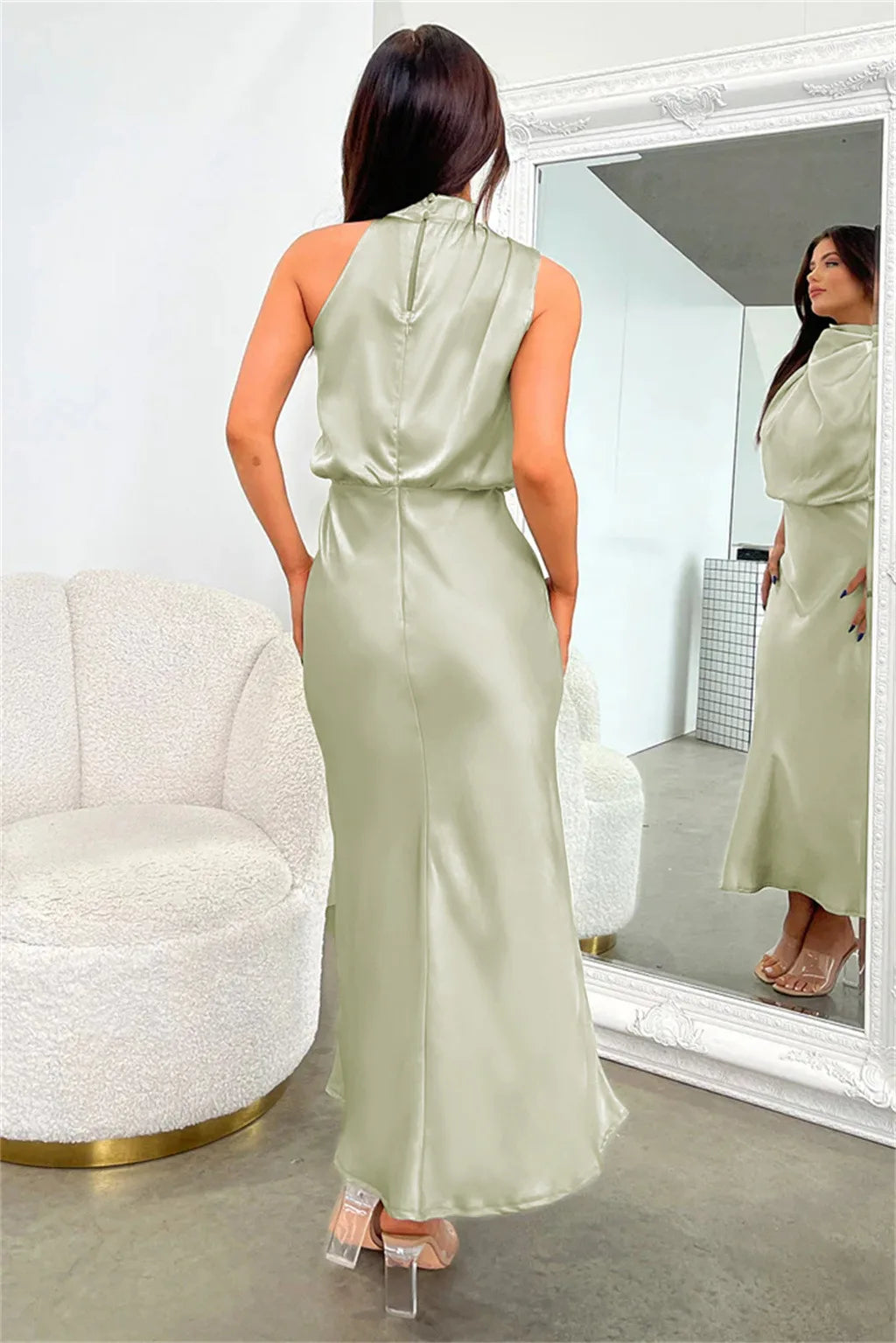 Elegant Silk Satin Sleeveless Long Dress for Women