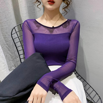 Women Slim Fit Long Sleeve Mesh T-Shirt