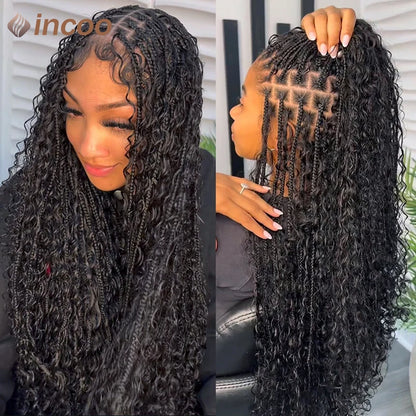 Boho Box Braided Curly Hair Full Lace Wig Burgundy