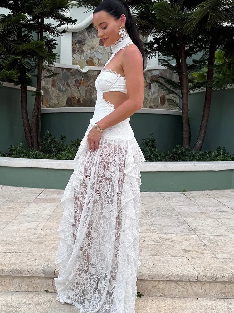 Sexy Lace Patchwork Halter Evening Gown for Women
