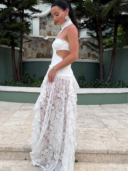 Sexy Lace Patchwork Halter Evening Gown for Women