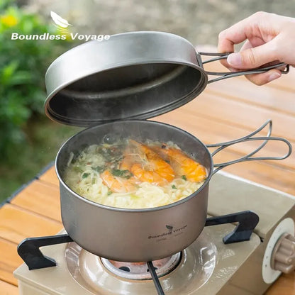 Titanium Pot Pan Set with Folding Handles for Camping