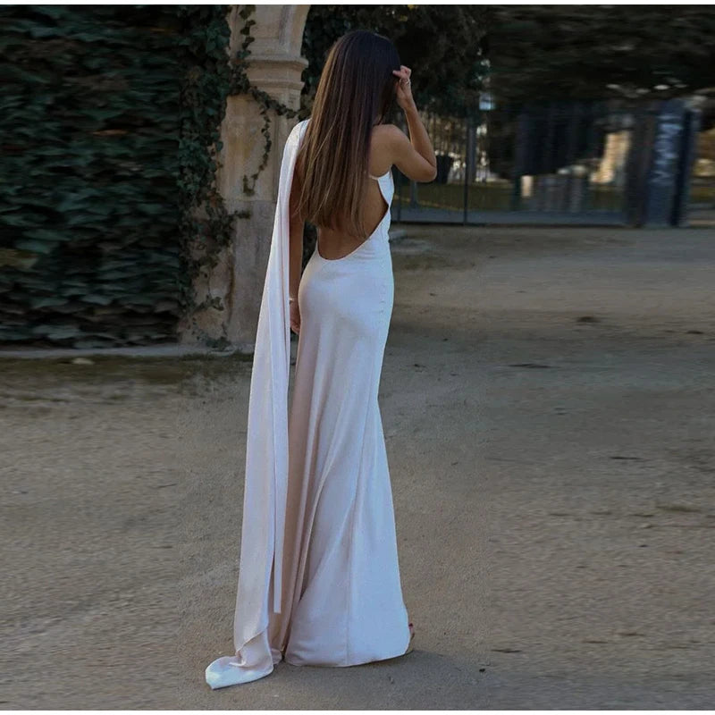 Elegant Halter Dress Women Solid Backless Maxi Dress