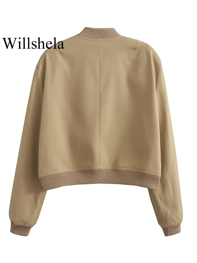 Willshela Women Solid V-Neck Bomber Jacket