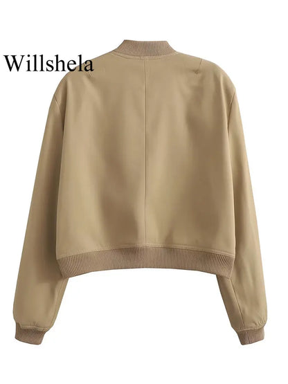 Willshela Women Solid V-Neck Bomber Jacket