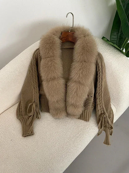 Knitted Cardigan Coat for Women with Real Fox Fur