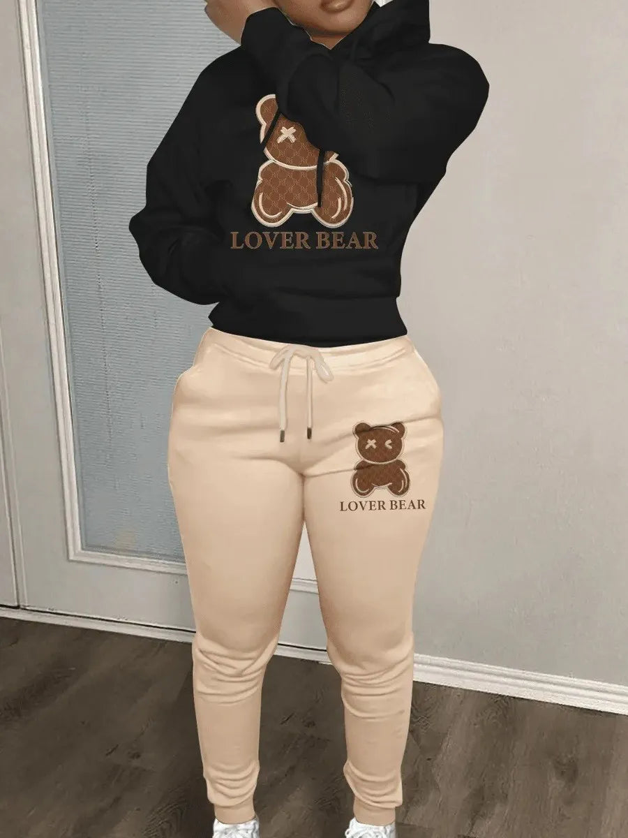Plus Size Cartoon Bear Print Hooded Sweater Set