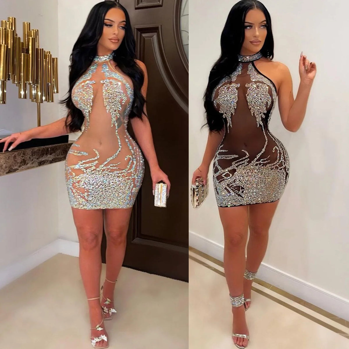 Rhinestone Mesh Bodycon Mini Dress for Women