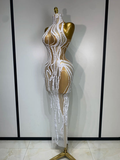 Elegant Women Long Dress with Pearl Sequins