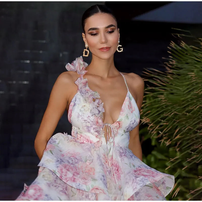 Women Tie-Dye Flower Deep V Neck Flare Sleeve Mini Dress