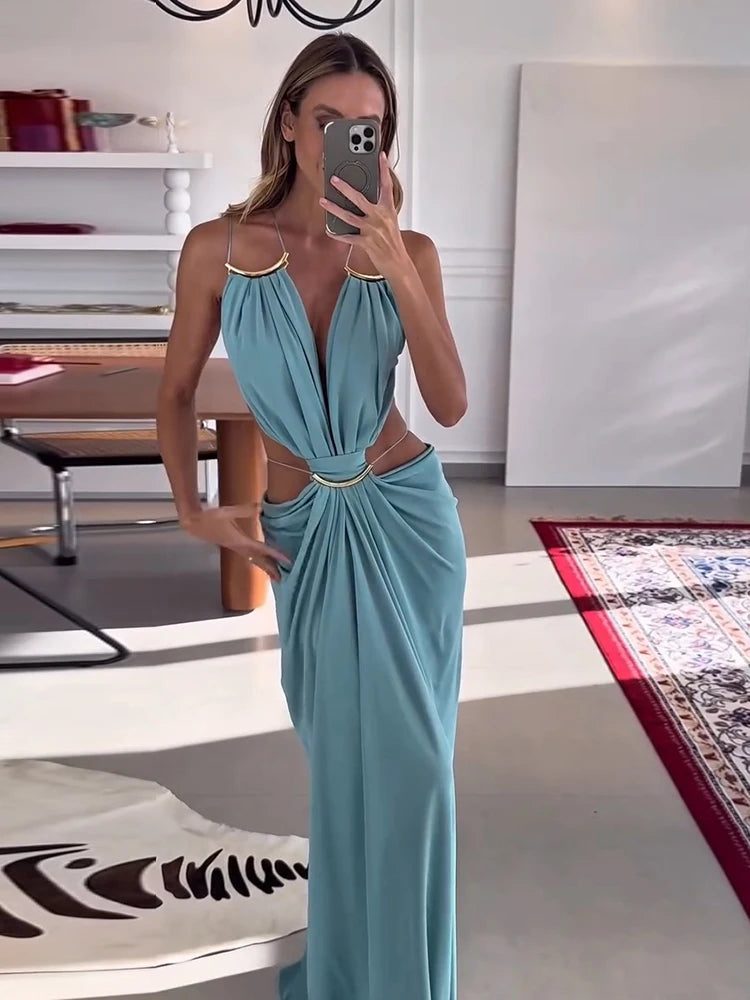 Backless Halter Dress for Women in Solid Polyester