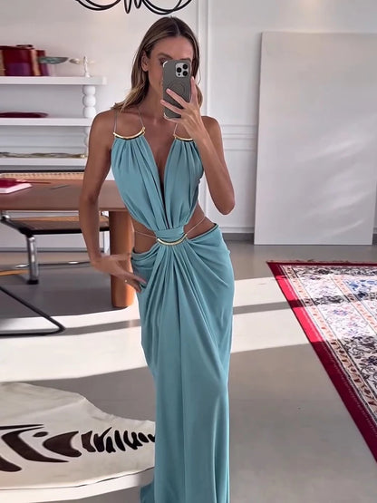 Backless Halter Dress for Women in Solid Polyester