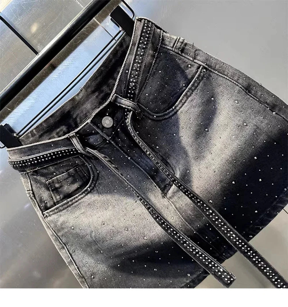 Oversize Diamond Denim Mini Skirt Women Gradient Black Grey