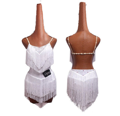 Latin Dance Dress with Rhinestones and Tassels in Red and White