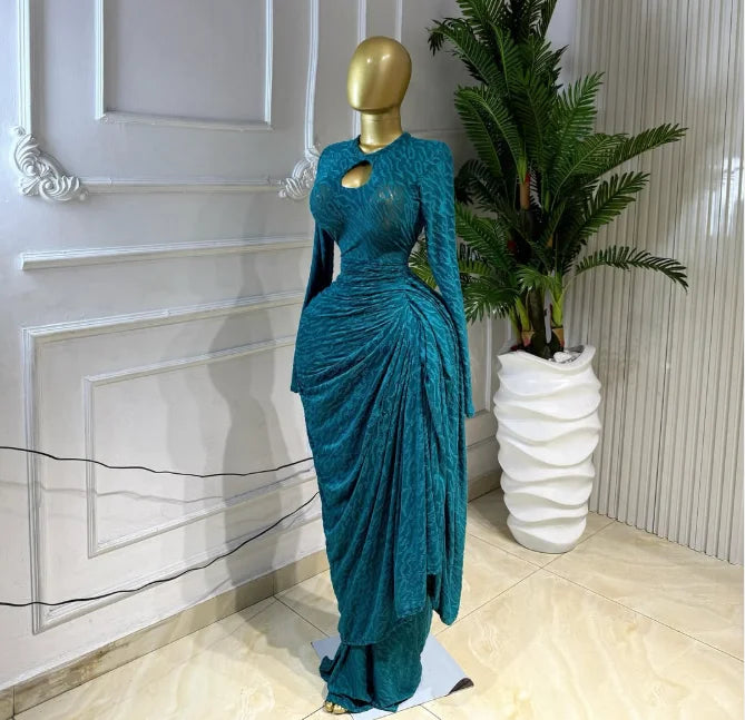 O-neck Ruched Long Sleeve Bodycon Maxi Dress