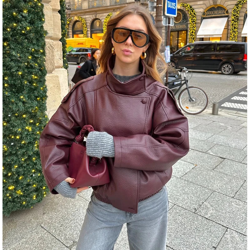 Faux Leather Oversize Bomber Jacket for Women