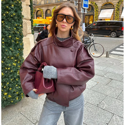 Faux Leather Oversize Bomber Jacket for Women