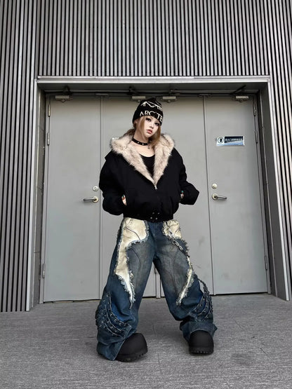 Vintage Distressed Wide Leg Cargo Jeans for Women