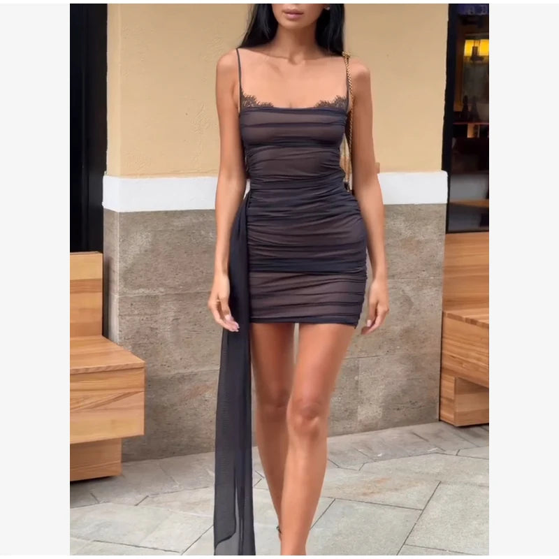 Kpop Black Hollow Out Mini Dress Women Elegant Turtleneck