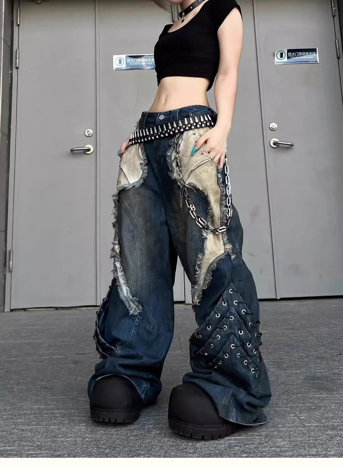 Vintage Distressed Wide Leg Cargo Jeans for Women