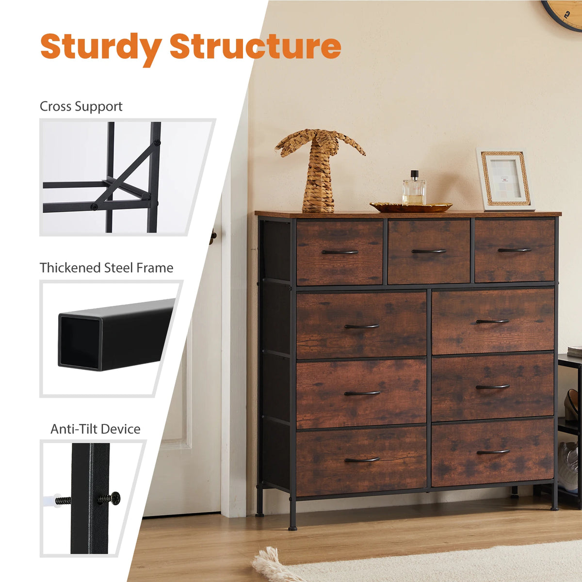 JHK Modern Fabric Dresser With 9 Storage Drawers