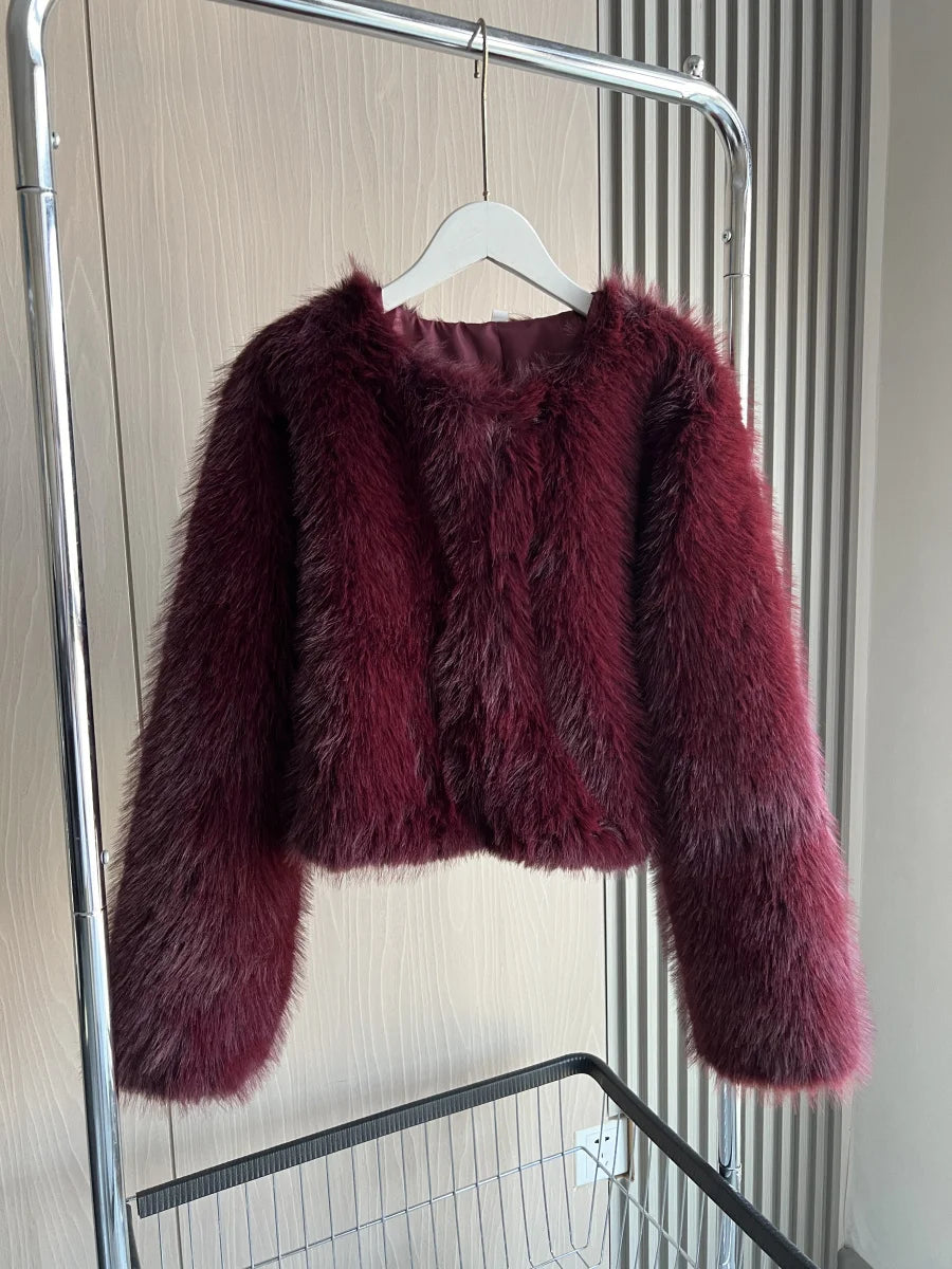 Women's Faux Fur Round Neck Short Jacket