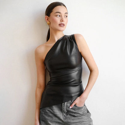 Slim Sleeveless One-Shoulder Zipper Jacket
