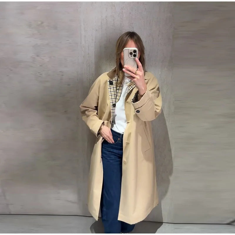 Reversible Plaid Long Trench Coat Women Single Breasted