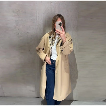 Reversible Plaid Long Trench Coat Women Single Breasted