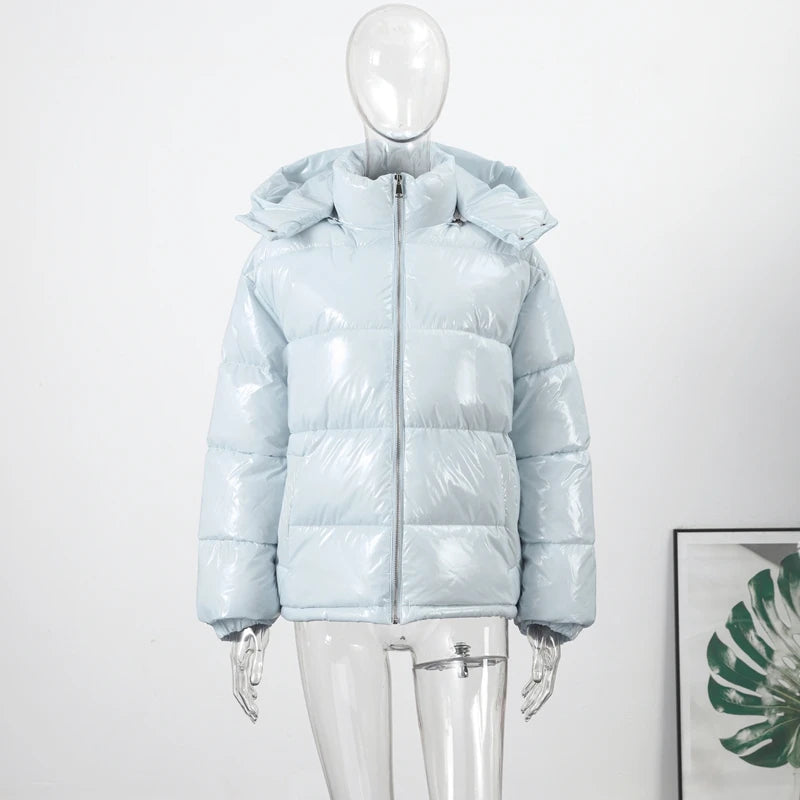 Solid Glossy Zipper Hooded Coat Women's Cotton Jacket