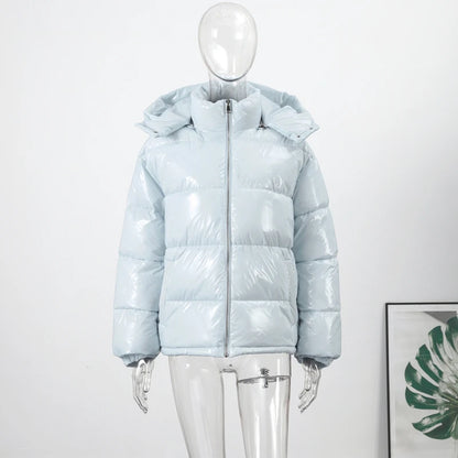 Solid Glossy Zipper Hooded Coat Women's Cotton Jacket