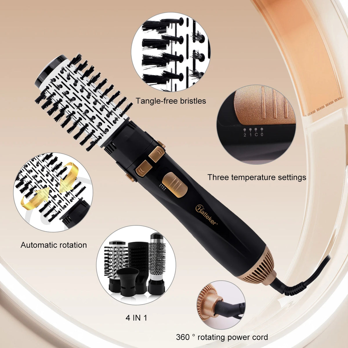 Hatteker 4-Head Hot Air Brush Hair Dryer and Straightener