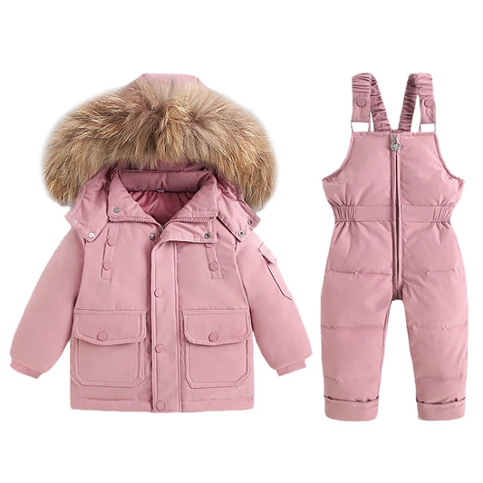Children's Winter Down Jacket and Jumpsuit Set with Fur Collar