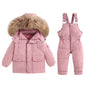 Children's Winter Down Jacket and Jumpsuit Set with Fur Collar
