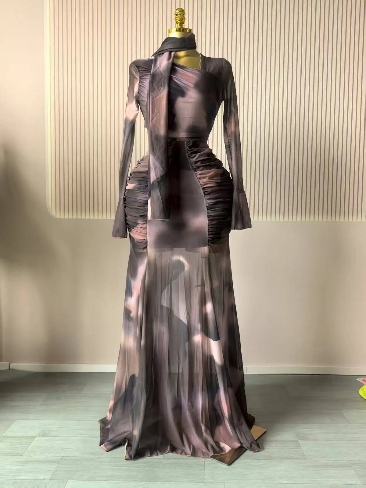Women Tie Dye Maxi Dress with Skew Neck and Flare Sleeves