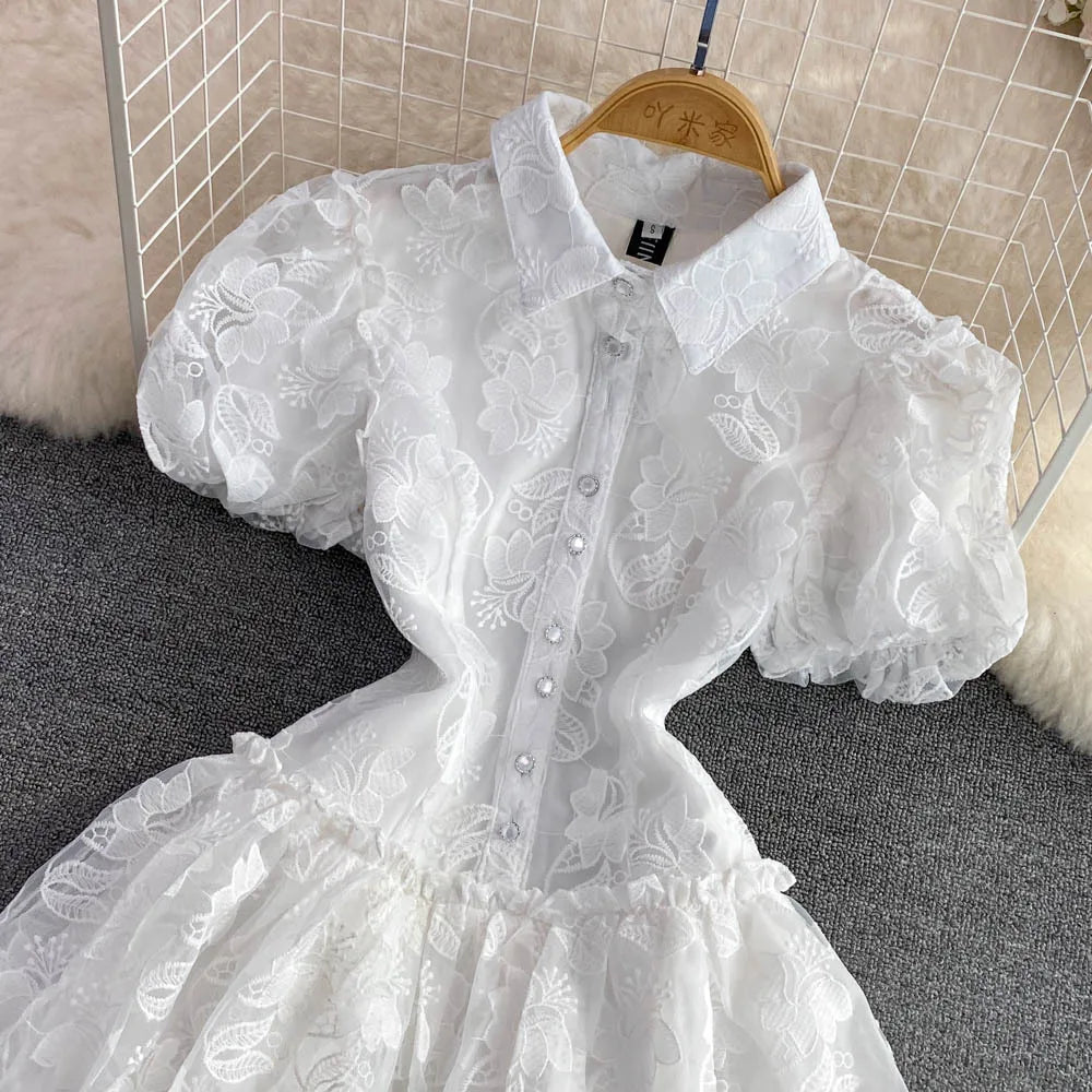 Women Vintage Lace Mini Dress with Puff Sleeves