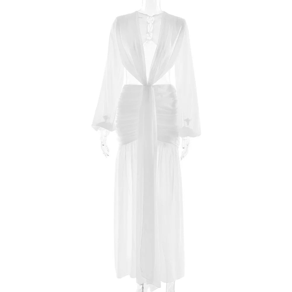 Deep V Hollow Backless Chiffon Maxi Party Dress