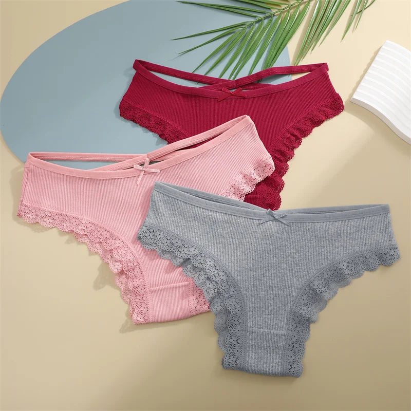 3PCS Women Cotton Lace Brazilian Panties Set S-XL