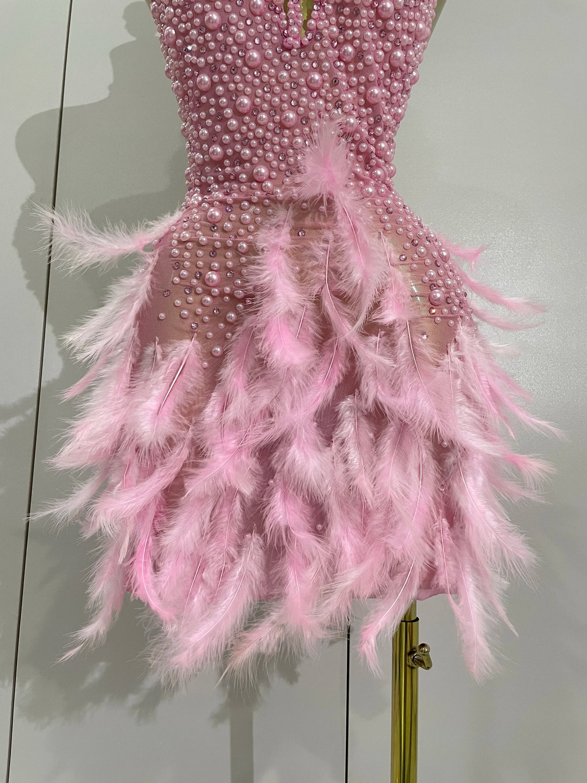 Luxury Rhinestones Pearls Feathers Halter Backless Dress