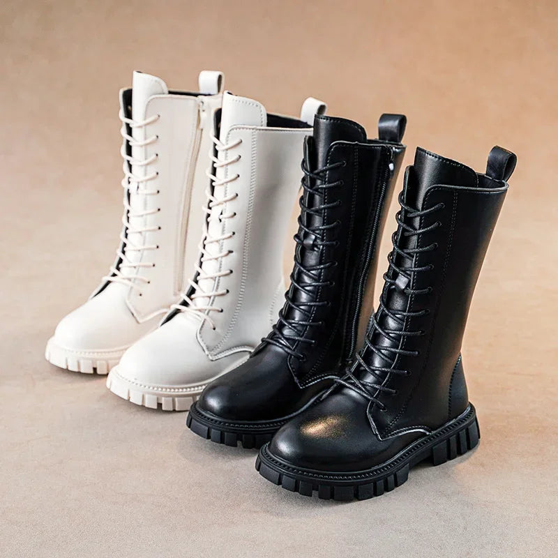 Black Mid Boots for Girls with Square Heel and Zip Closure