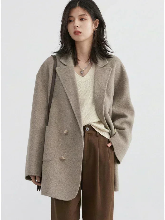 Women's Woolen Double Breasted Jacket Office Lady Outerwear