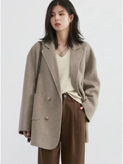 Women's Woolen Double Breasted Jacket Office Lady Outerwear