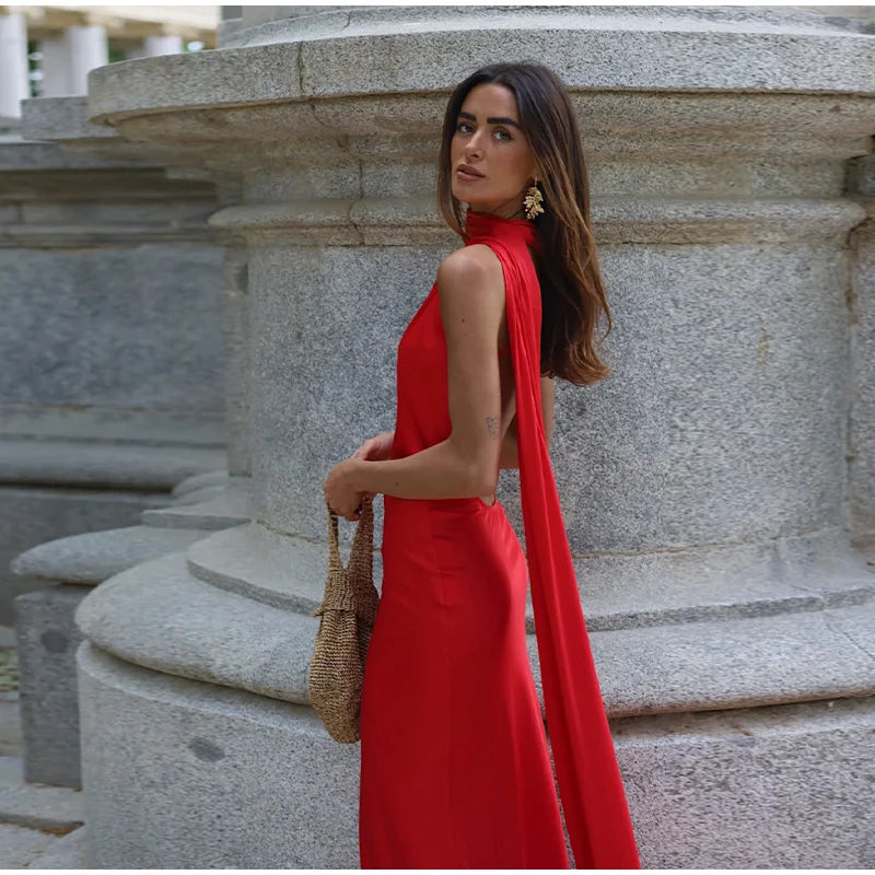 Elegant Halter Dress Women Solid Backless Maxi Dress